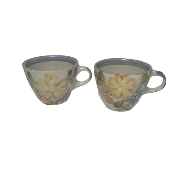 Louisville Stoneware Pottery Floral Coffee Cups Set of 2 Vintage Flowers Mugs KY - Picture 1 of 8